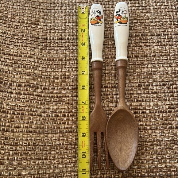 Vintage ceramic handle Disney Chef Mickey fork and spoon serving set faux wood - Picture 5 of 6